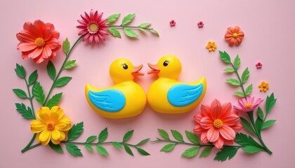 Playful Rubber Duck Decoration with Colorful Flowers and Leaves