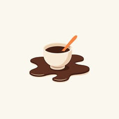 Obraz premium Bowl of chocolate sauce with spoon and spilled mess on surface 