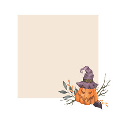 Square frame with Halloween composition. Hand drawn watercolor illustration with pumpkin in hat, branches and leaves. Halloween card or invitation design.