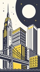 Obraz premium Night Cityscape Modern Architecture and Iconic Bridge at Night
