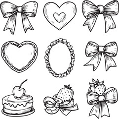 Set of hand drawn coquette silhouette vector icons isolated black and white 