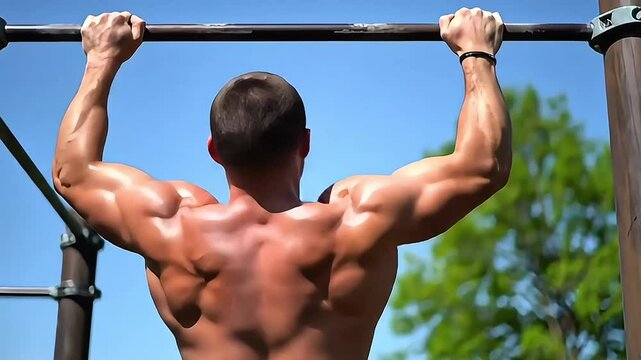 footage capturing a powerful and intense medium shot from behind of a heavily muscled man, a bodybuilder, engaged in a pull-up exercise at a gym.
