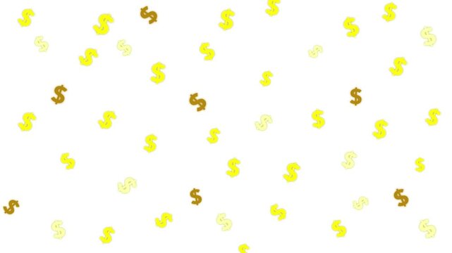 Glowing gold dollar symbol pattern animation on a white background. The symbols gently rotate and subtly scale in and out randomly at intervals. Representing luxury, wealth, and prosperity.