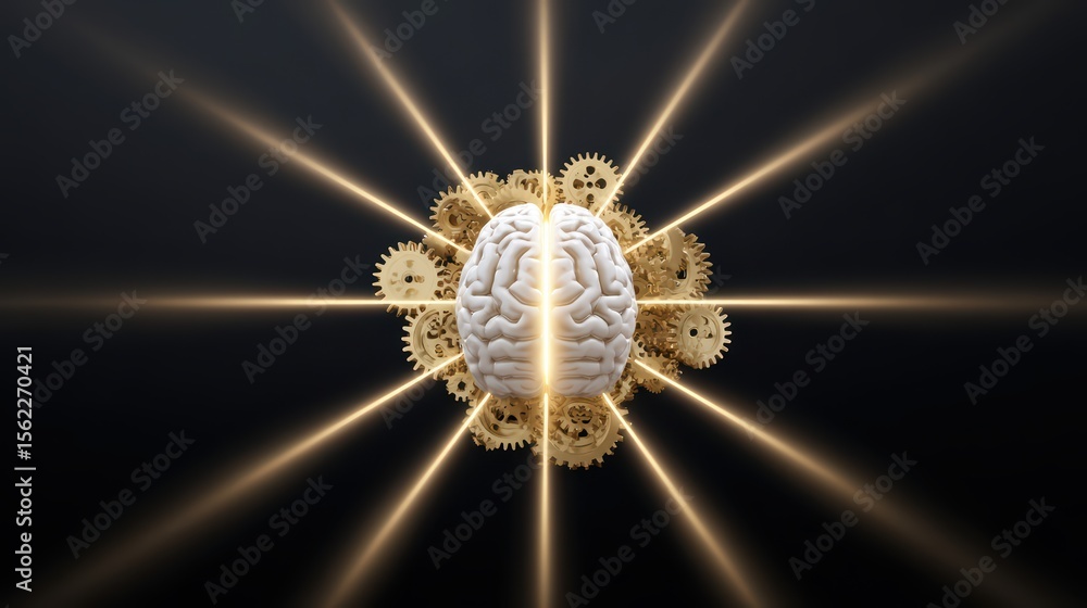 Poster conceptual representation of human brain surrounded by golden gears and beams of light symbolizing c