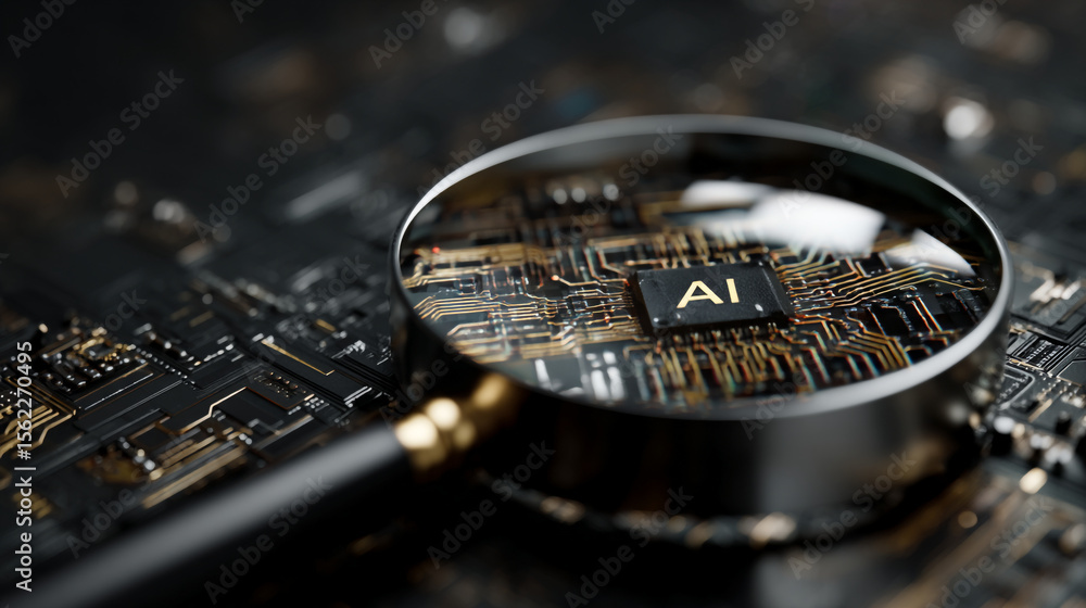 Poster a magnifying glass focusing on a microchip labeled ai on a dark circuit board surface close up