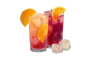 Two refreshing cocktails with orange slices and ice.