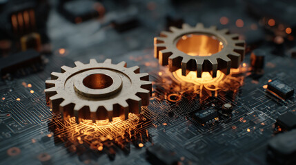 Two golden gears resting on a circuit board with glowing orange light and electronic components