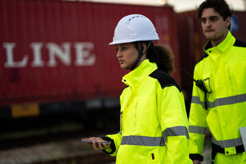 Railway personnel patrolling station walkway near freight train for operational safety check, two workers inspection logistics cargo.