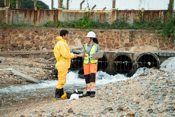Two environmental workers shake hands near waste water, man in hazmat gear, success project, Teamwork, cooperation at water management location, industrial site