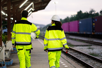 Two railway workers in high-visibility clothing walking along train platform during inspection at cargo terminal, logistics shipping and delivery