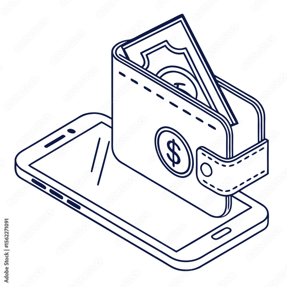Poster digital wallet concept with a smartphone and a wallet filled with cash and coins representing online