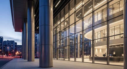 Modern glass office building exterior at dusk; sleek metallic columns, illuminated interior.