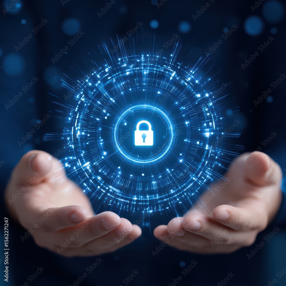 Poster hands holding digital lock in futuristic design with blue light elements and data visualization conc