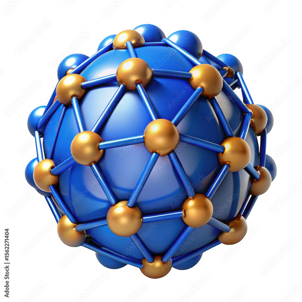 Poster 3d abstract network sphere blue and gold nodes isolated on transparent background