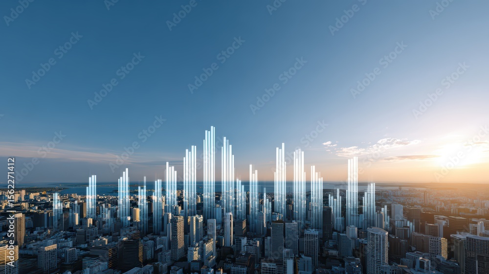 Poster futuristic city skyline with abstract graph lines representing data analytics and urban development 