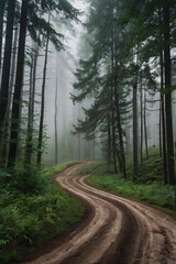 Obraz premium Foggy Forest with Winding Dirt Road – Dreamy Landscape in Soft Light (4K Photo)
