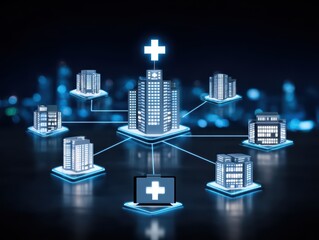 Digital Healthcare Network Concept with Buildings and Medical Symbols in a Connected City Landscape