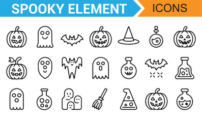 Halloween Spooky Icons Set Featuring Pumpkins, Ghosts, and Bats