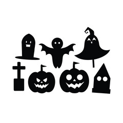 Vector haunted house black and white illustration set. halloween silhouette elements of spooky cottage, big moon, ghost, bats, trees. scary samhain party invitation or card design. Premium Vector
