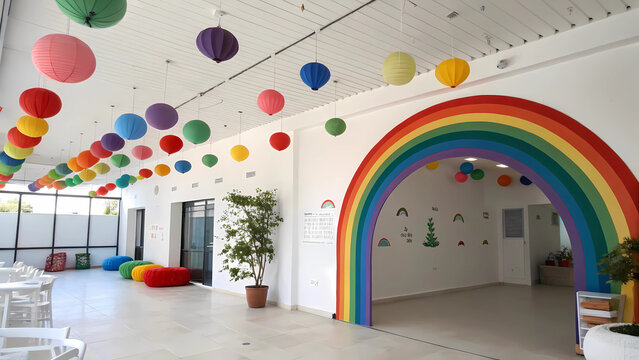 Colorful rainbow themed party room interior design with hanging lanterns and rainbow archway decor