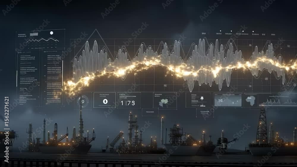Poster innovative offshore drilling platform illuminated at night with energy data visualizations displayed