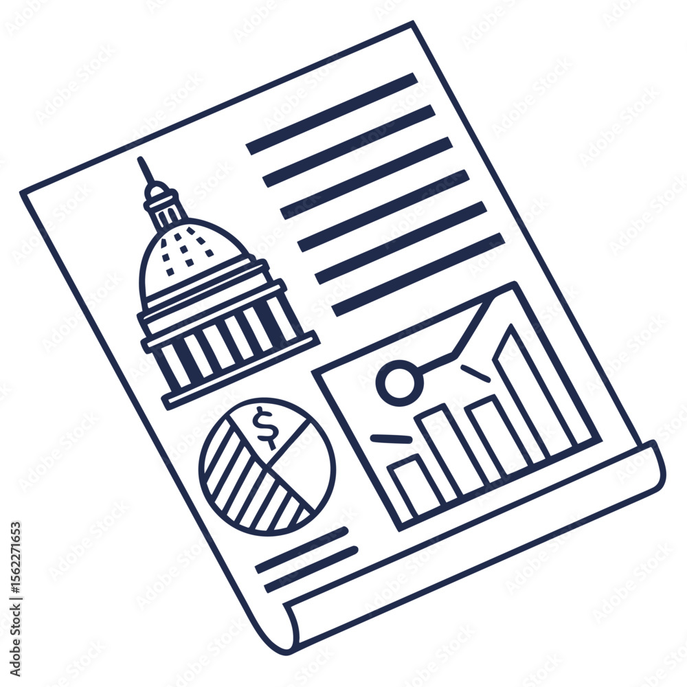 Poster document with government building pie chart and bar graph icons representing financial and political