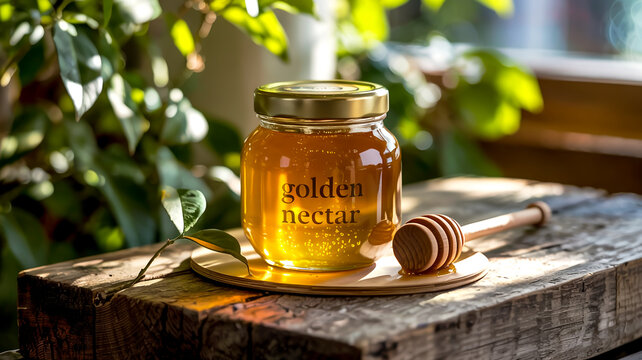 A product photography shot of a glass jar of honey on a wooden surface against a natural garden backdrop