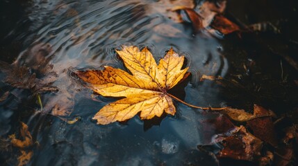 The vibrant yellow leaf floating peacefully on the water surface.
