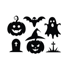 Vector haunted house black and white illustration set. halloween silhouette elements of spooky cottage, big moon, ghost, bats, trees. scary samhain party invitation or card design. Premium Vector
