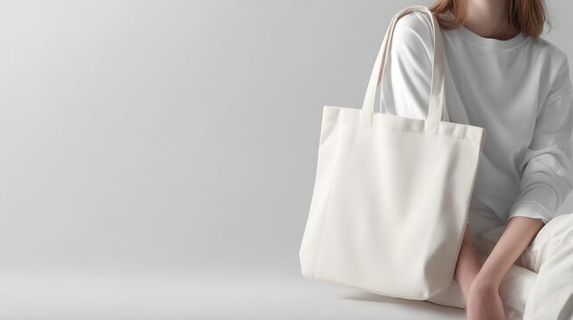 The stylish white tote bag held by a woman against a minimal background.