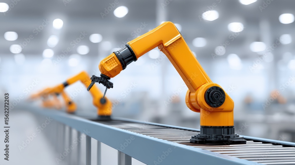 Poster industrial automation with robotic arms in a modern factory setting for manufacturing processes and 