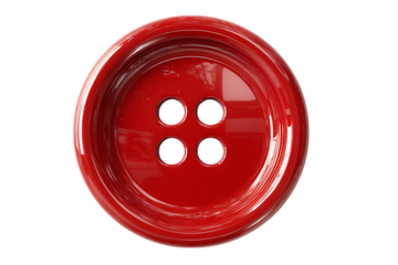 Close up of a single red button on a black background.