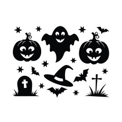 Obraz premium Vector haunted house black and white illustration set. halloween silhouette elements of spooky cottage, big moon, ghost, bats, trees. scary samhain party invitation or card design. Premium Vector 