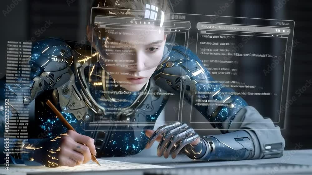 Poster robotic figure engaged in writing with a futuristic background in a high-tech environment