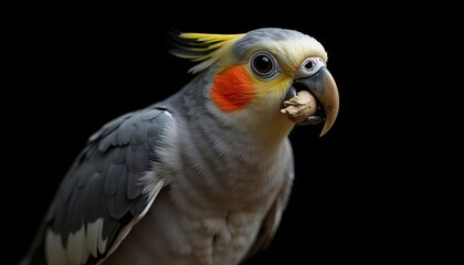 Fototapeta premium Cockatiel Bird Holding Nut in Beak Against Dark Background Portrait