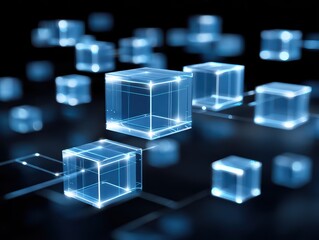 Obraz premium Futuristic Transparent Cubes with Glowing Edges Reflecting Digital Connections and Technology Innovations in a Dark Background