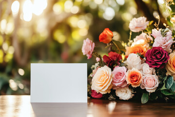 Obraz premium Blank card mockup placed next to a vibrant arrangement of roses in an outdoor garden setting, ideal for wedding invitations, greeting cards or event branding