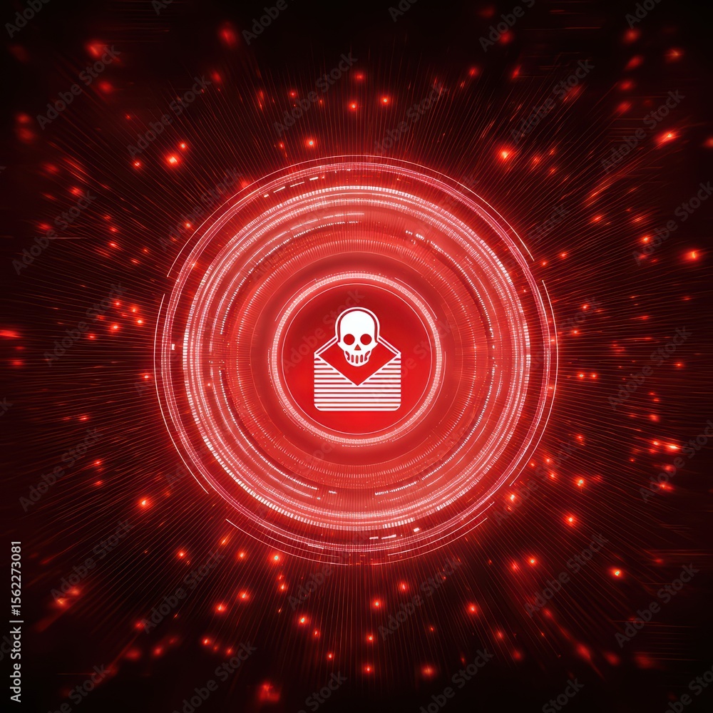 Poster intricate red background with skull icon symbolizing danger and warning in futuristic design