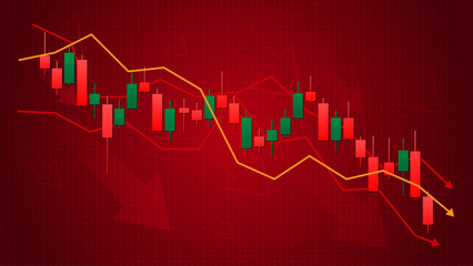 Red bear Forex market candle stick chart with falling arrow path indicators in chart background template