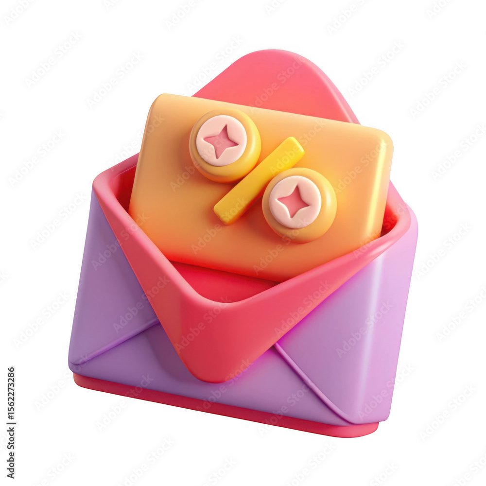 Poster 3d render of email with percentage discount isolated on transparent background