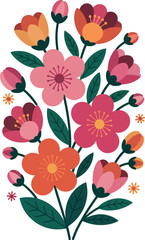 Colorful floral illustration with blooming pink and orange flowers.