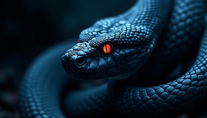 Fototapeta premium Close-up of Coiled Snake with Intense Red Eyes on Dark Background