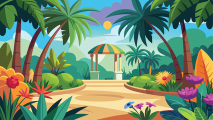 Fototapeta premium Cartoon Tropical Landscape with Palm Trees, Flowers, and a Gazebo on a Sunny Day