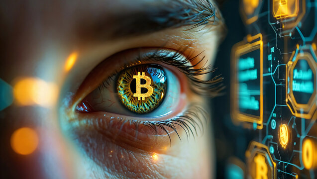 Futuristic Bitcoin Reflected in Human Eye – Vision of Cryptocurrency and Blockchain Technology – Macro Close-Up Digital Surrealism – Generative AI