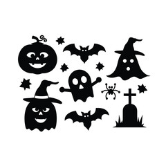Vector haunted house black and white illustration set. halloween silhouette elements of spooky cottage, big moon, ghost, bats, trees. scary samhain party invitation or card design. Premium Vector
