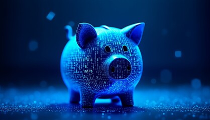 A digital piggy bank with glowing binary code, a concept of cryptocurrency and fintech savings