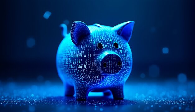 A digital piggy bank with glowing binary code, a concept of cryptocurrency and fintech savings