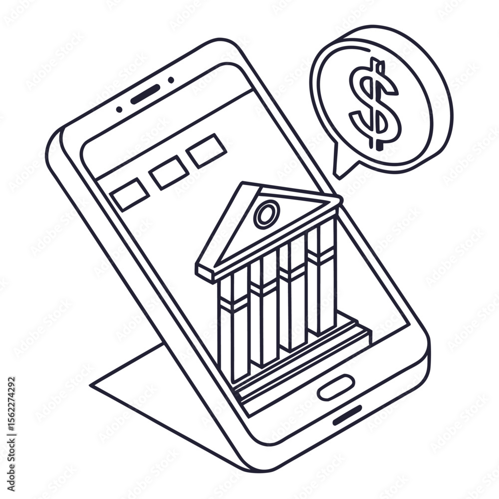 Poster conceptual outline drawing of a smartphone displaying a bank building and a dollar sign in a speech 