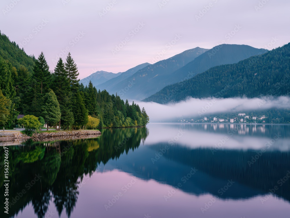 Poster serene lake at dawn with reflection of mountains and mist in calm waters surrounded by evergreen tre