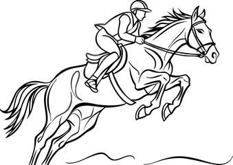 Line art of equestrian jumping horse and rider